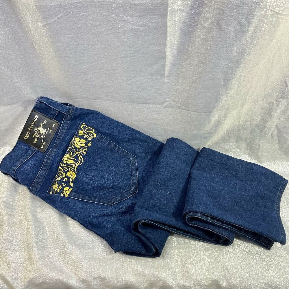 TRUE RELIGION Y2K Rocco Relaxed Jeans Denim Stretch Gold Embroidery Women's 33